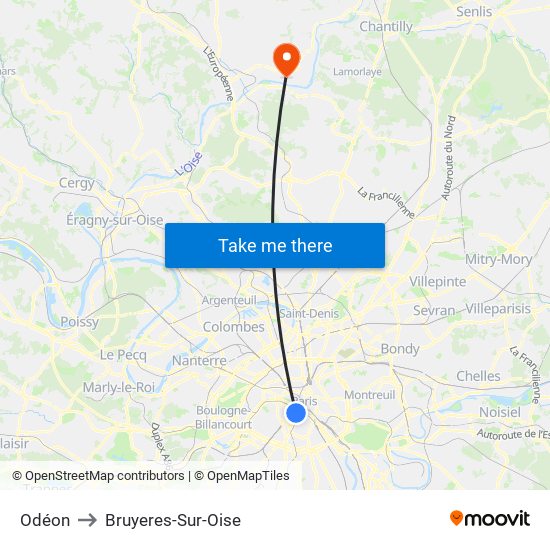 Odéon to Bruyeres-Sur-Oise map