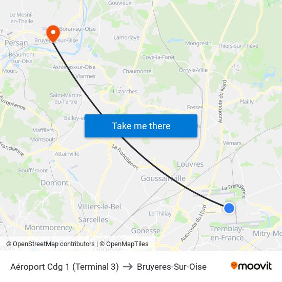 Aéroport Cdg 1 (Terminal 3) to Bruyeres-Sur-Oise map