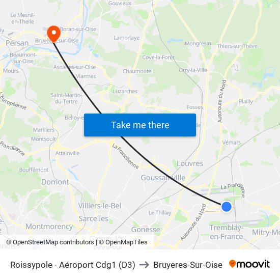 Roissypole - Aéroport Cdg1 (D3) to Bruyeres-Sur-Oise map