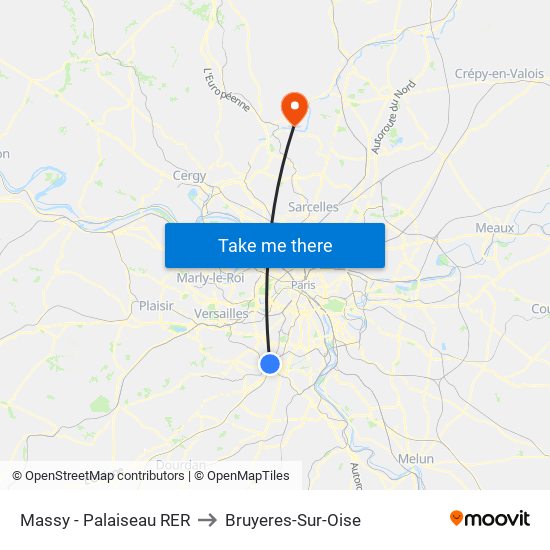Massy - Palaiseau RER to Bruyeres-Sur-Oise map