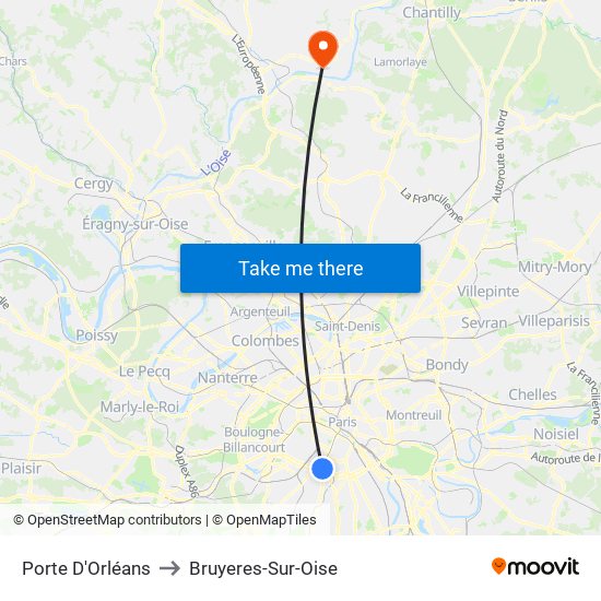 Porte D'Orléans to Bruyeres-Sur-Oise map