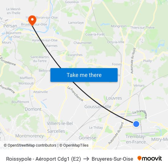 Roissypole - Aéroport Cdg1 (E2) to Bruyeres-Sur-Oise map