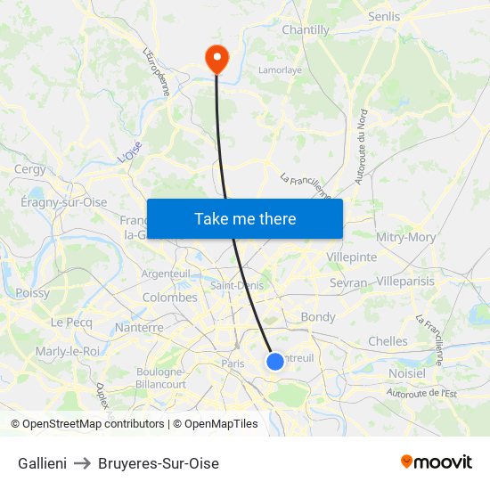 Gallieni to Bruyeres-Sur-Oise map