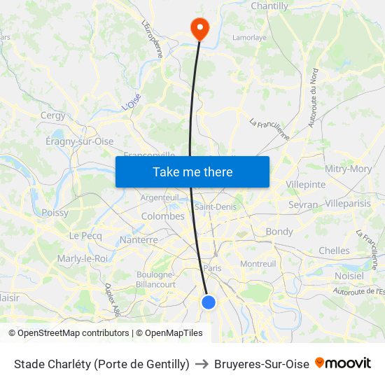 Stade Charléty (Porte de Gentilly) to Bruyeres-Sur-Oise map