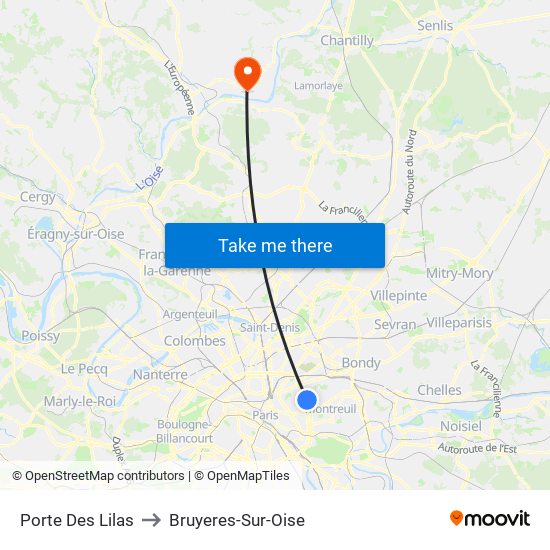Porte Des Lilas to Bruyeres-Sur-Oise map