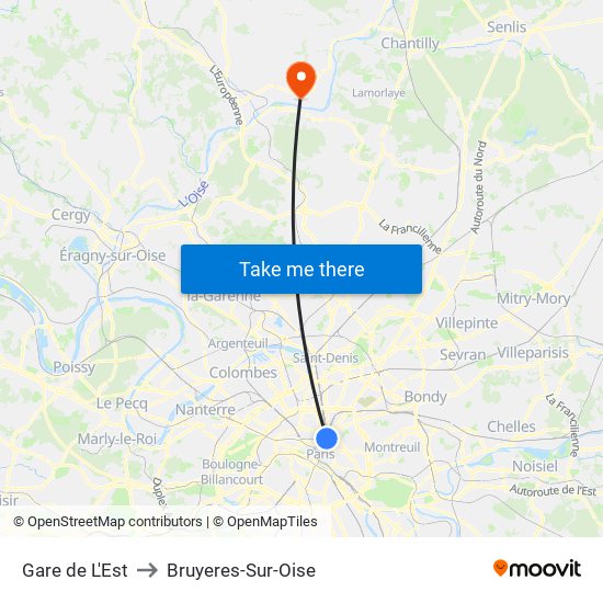 Gare de L'Est to Bruyeres-Sur-Oise map