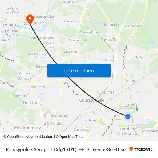 Roissypole - Aéroport Cdg1 (D1) to Bruyeres-Sur-Oise map