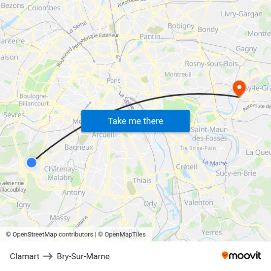 Clamart to Bry-Sur-Marne map