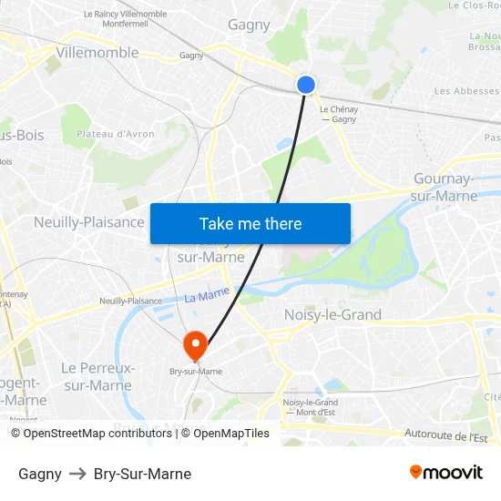 Gagny to Bry-Sur-Marne map