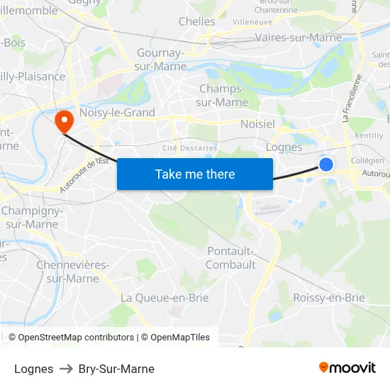 Lognes to Bry-Sur-Marne map