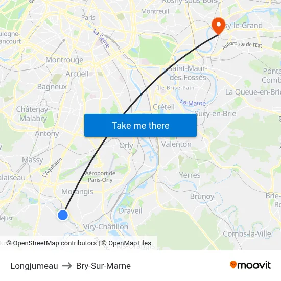 Longjumeau to Bry-Sur-Marne map
