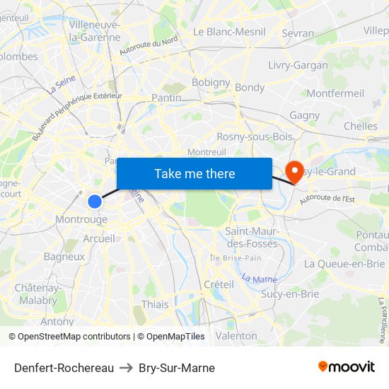 Denfert-Rochereau to Bry-Sur-Marne map