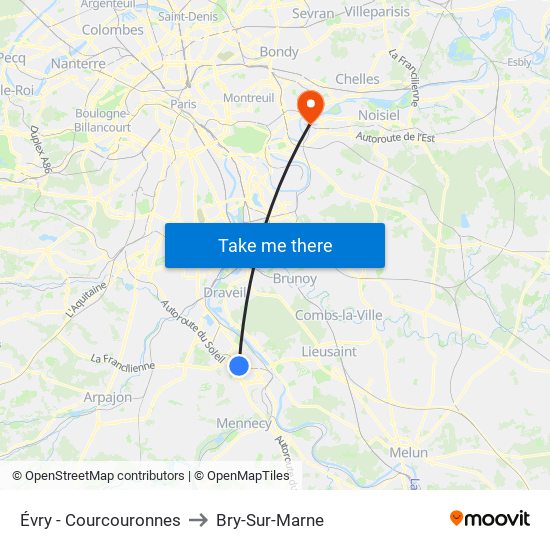Évry - Courcouronnes to Bry-Sur-Marne map