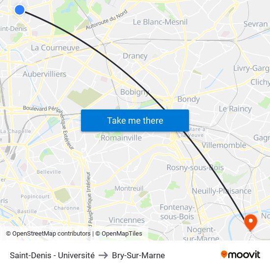 Saint-Denis - Université to Bry-Sur-Marne map