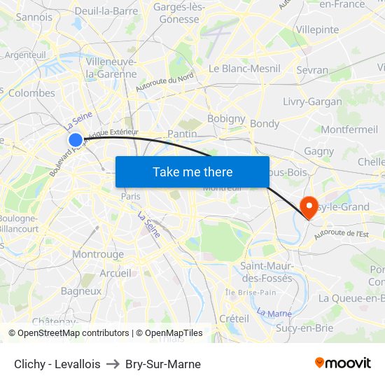 Clichy - Levallois to Bry-Sur-Marne map