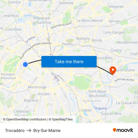 Trocadéro to Bry-Sur-Marne map