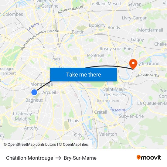 Châtillon-Montrouge to Bry-Sur-Marne map