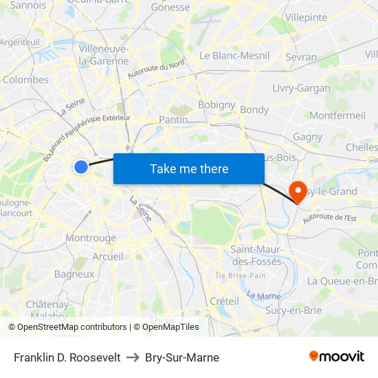 Franklin D. Roosevelt to Bry-Sur-Marne map