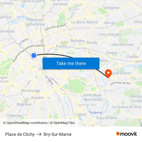 Place de Clichy to Bry-Sur-Marne map