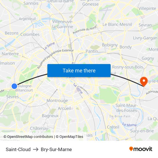 Saint-Cloud to Bry-Sur-Marne map