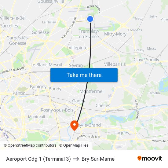 Aéroport Cdg 1 (Terminal 3) to Bry-Sur-Marne map