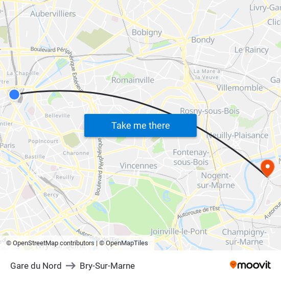 Gare du Nord to Bry-Sur-Marne map
