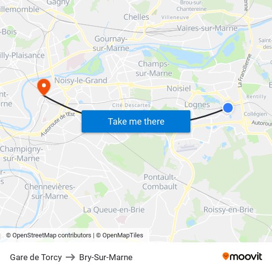 Gare de Torcy to Bry-Sur-Marne map