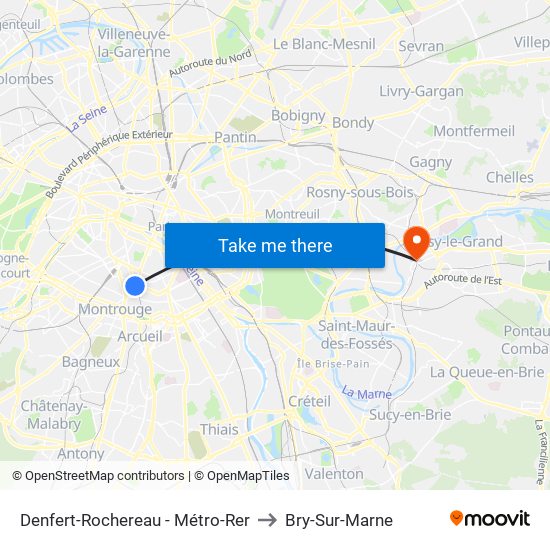 Denfert-Rochereau - Métro-Rer to Bry-Sur-Marne map