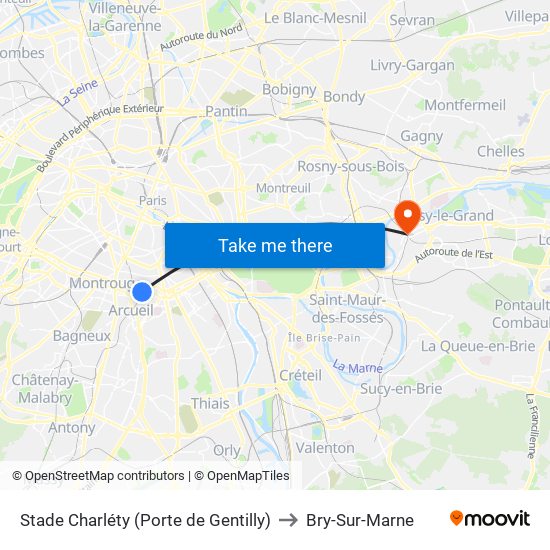 Stade Charléty (Porte de Gentilly) to Bry-Sur-Marne map