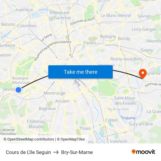 Cours de L'Ile Seguin to Bry-Sur-Marne map