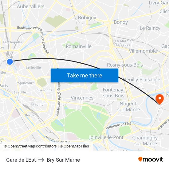 Gare de L'Est to Bry-Sur-Marne map
