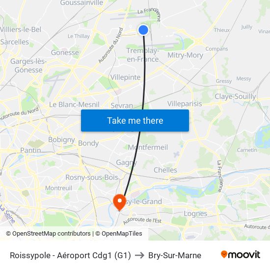 Roissypole - Aéroport Cdg1 (G1) to Bry-Sur-Marne map