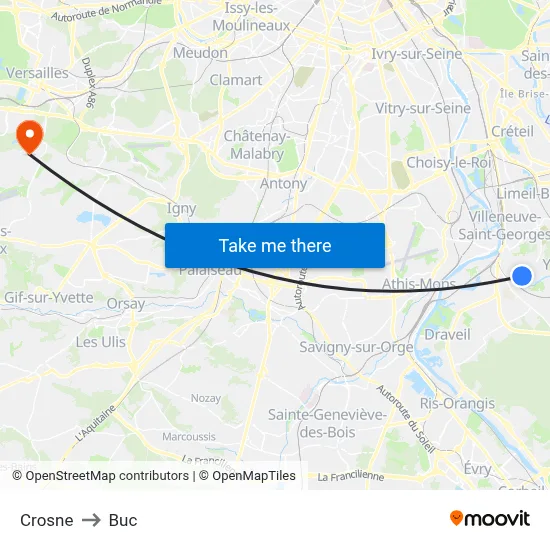Crosne to Buc map