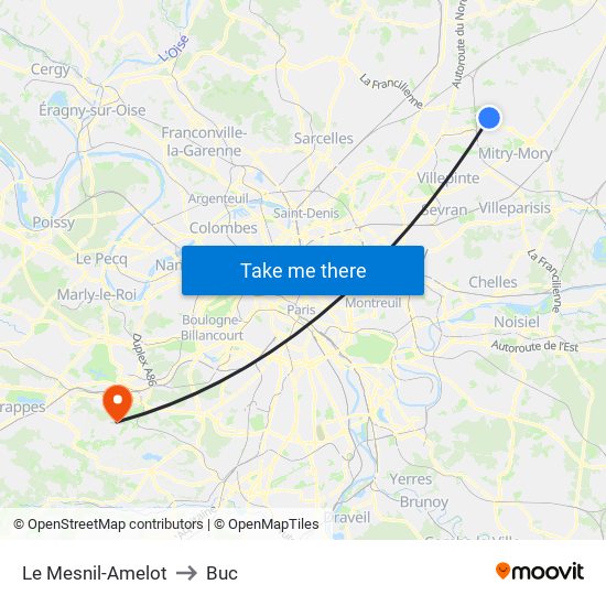 Le Mesnil-Amelot to Buc map