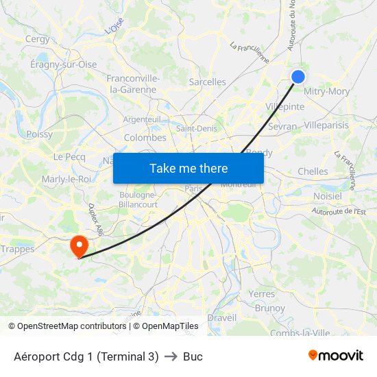 Aéroport Cdg 1 (Terminal 3) to Buc map