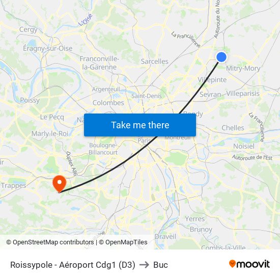 Roissypole - Aéroport Cdg1 (D3) to Buc map