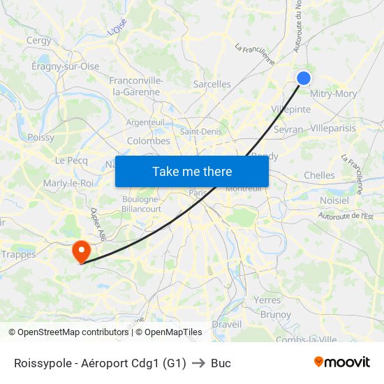 Roissypole - Aéroport Cdg1 (G1) to Buc map