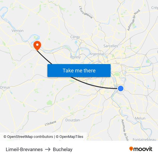 Limeil-Brevannes to Buchelay map