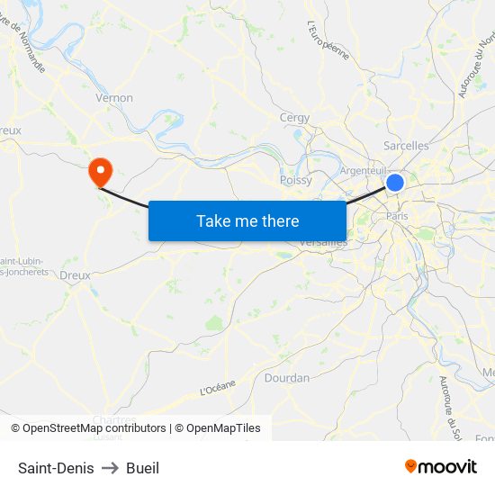 Saint-Denis to Bueil map