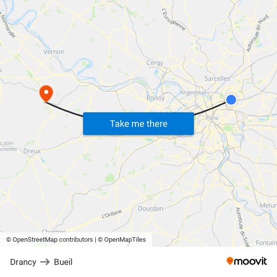 Drancy to Bueil map