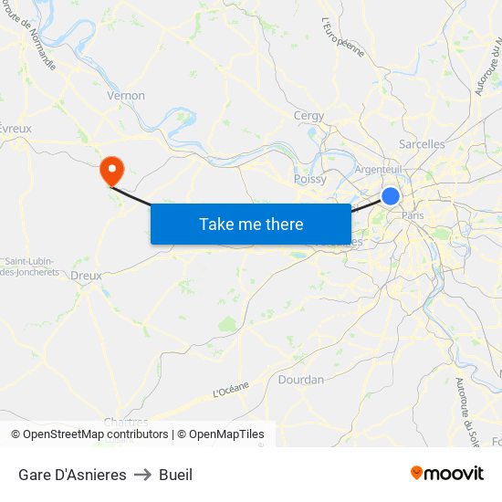 Gare D'Asnieres to Bueil map