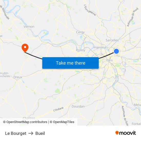 Le Bourget to Bueil map