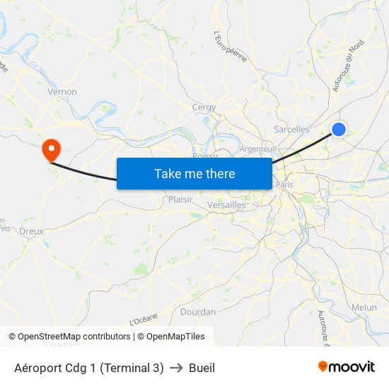 Aéroport Cdg 1 (Terminal 3) to Bueil map