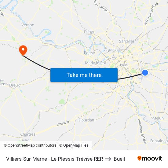 Villiers-Sur-Marne - Le Plessis-Trévise RER to Bueil map