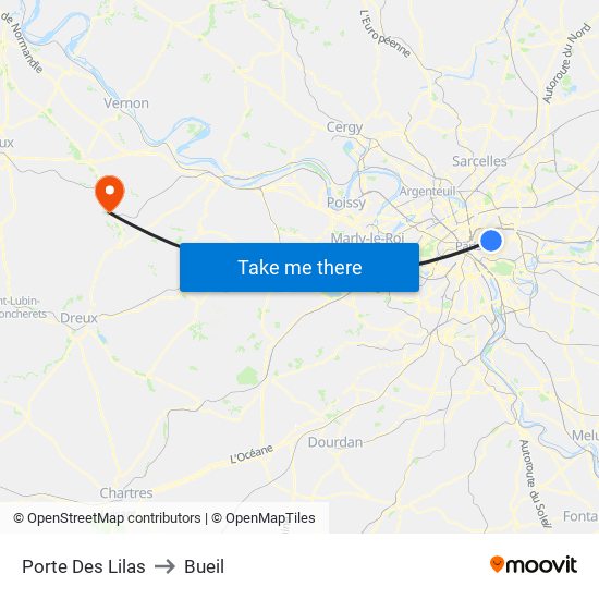 Porte Des Lilas to Bueil map