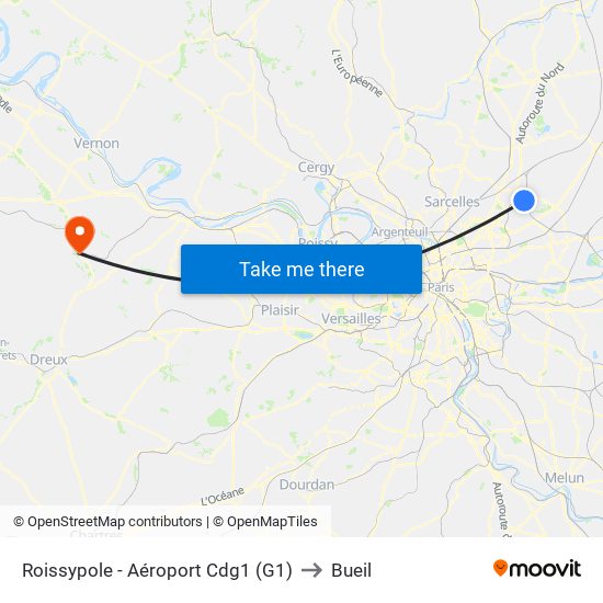Roissypole - Aéroport Cdg1 (G1) to Bueil map