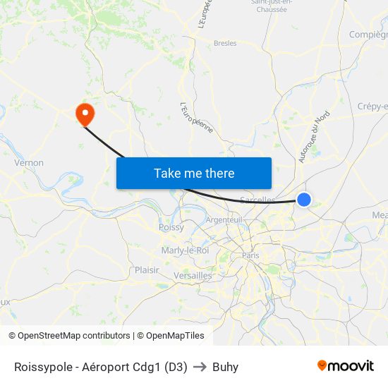 Roissypole - Aéroport Cdg1 (D3) to Buhy map