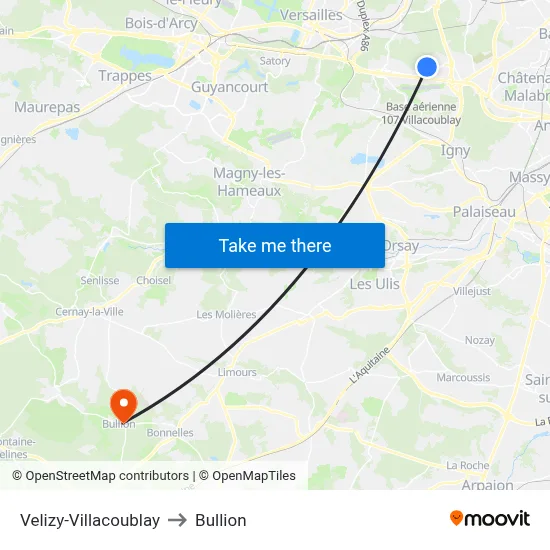 Velizy-Villacoublay to Bullion map
