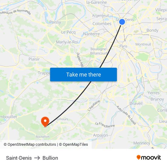 Saint-Denis to Bullion map