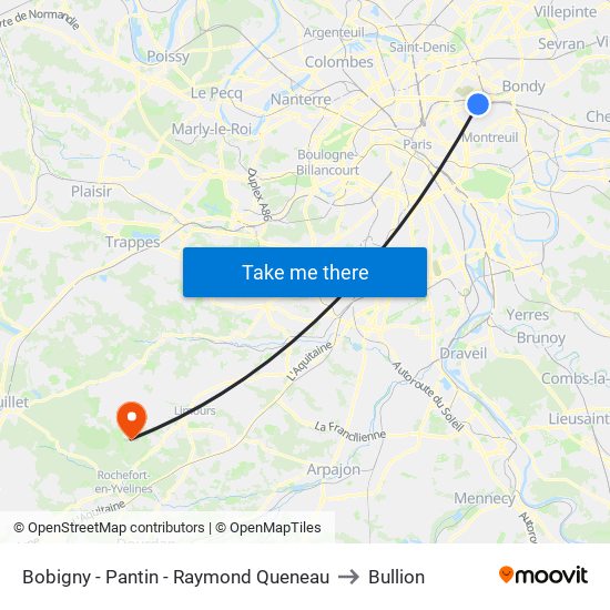 Bobigny - Pantin - Raymond Queneau to Bullion map